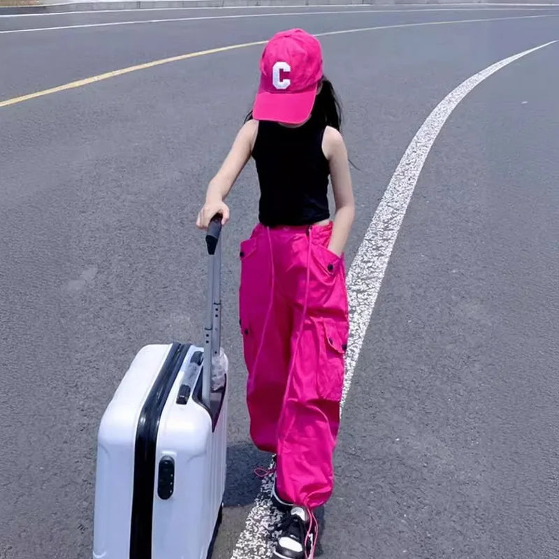5-14Y Kids Hip Hop Joggers Pants Girls Cargo Pants Teenage Straight Trousers High Waist Vintage Casual Streetwear Baggy Pants