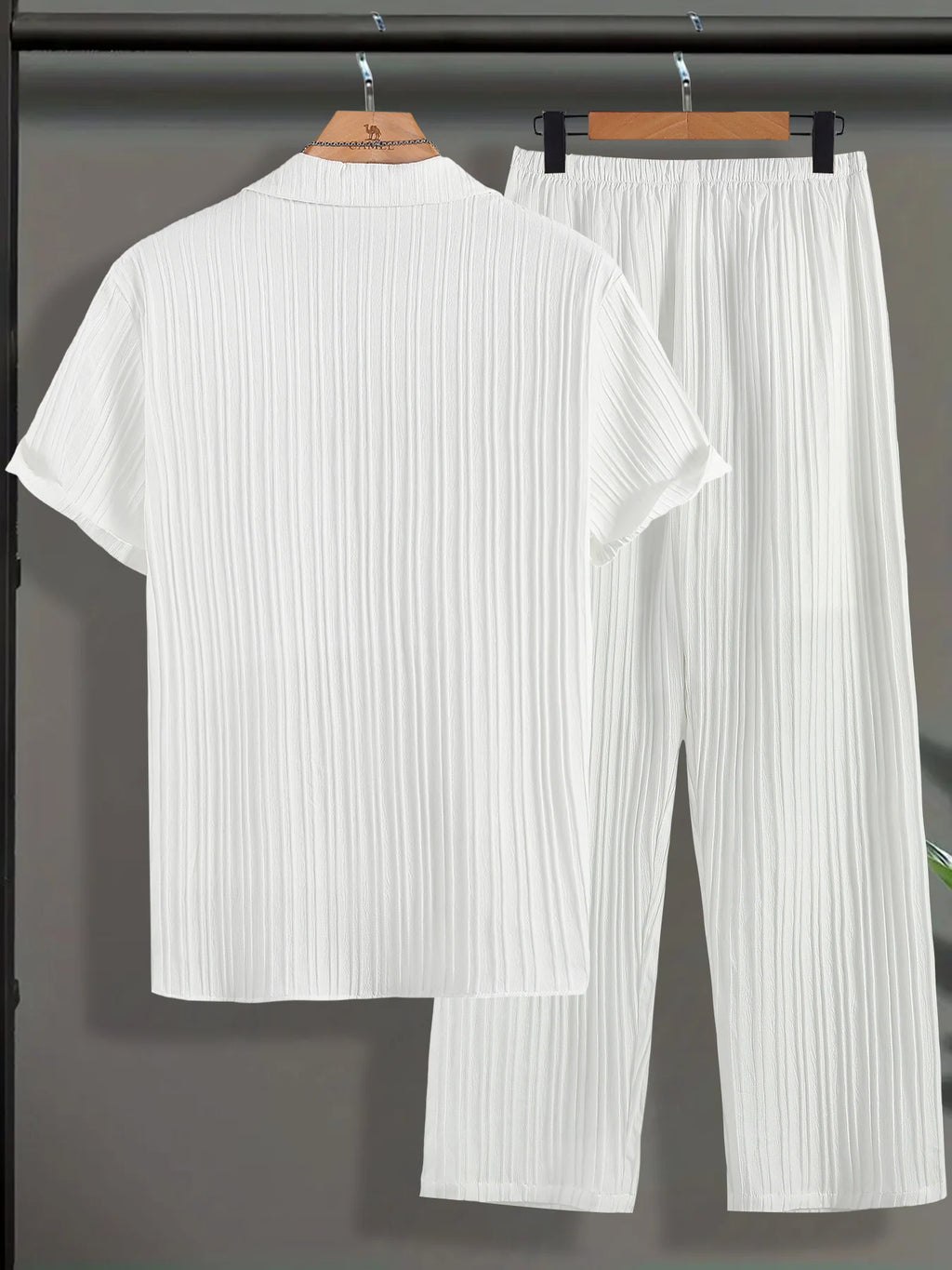 Men's Vertical Striped Texture Cuban Collar Two-Piece Set: Short-Sleeve Button-Up Shirt + Elastic Waist Straight-Leg Pants, Casual Vacation Style Summer Daily Outfit for Men