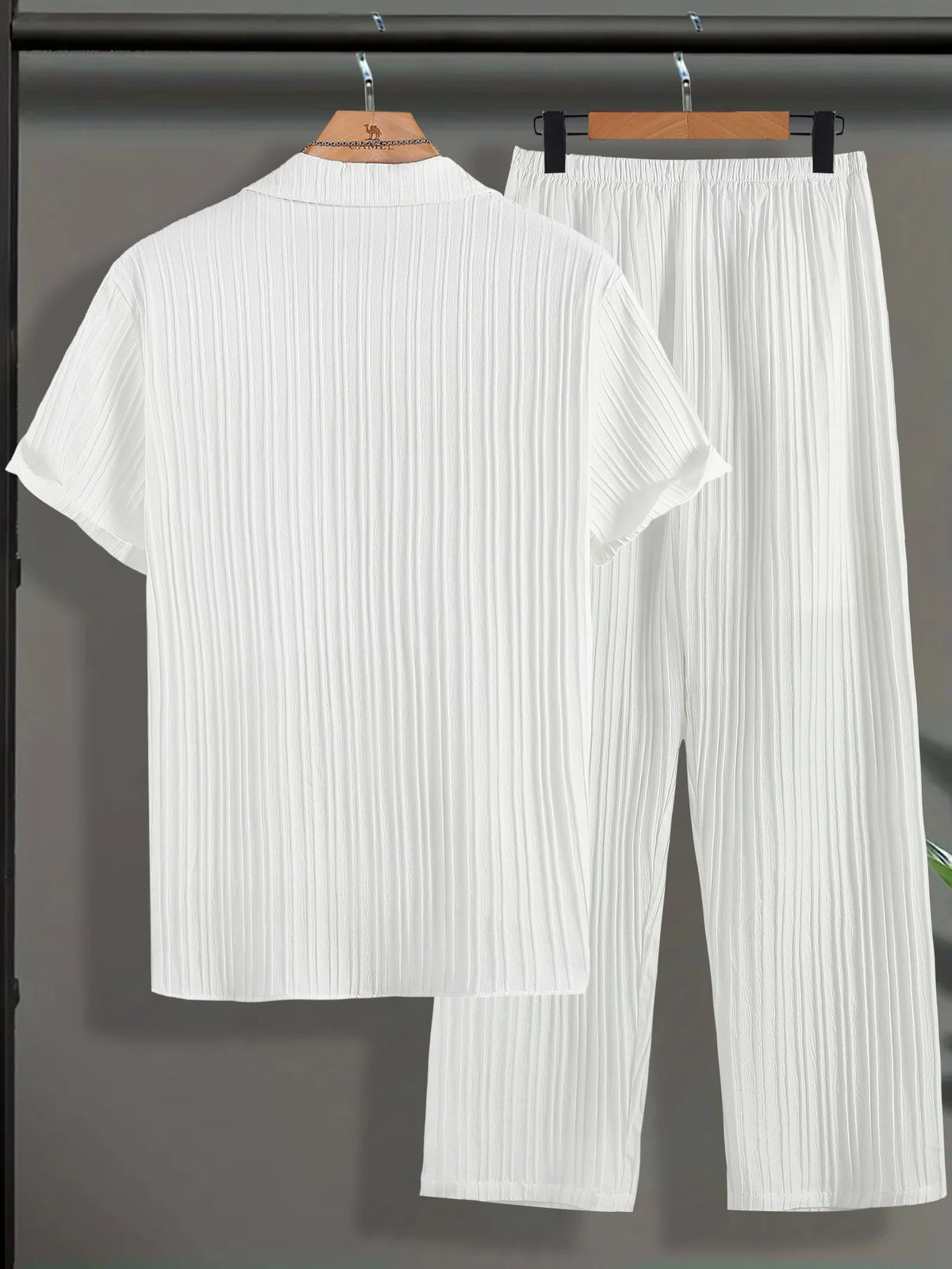 Men's Vertical Striped Texture Cuban Collar Two-Piece Set: Short-Sleeve Button-Up Shirt + Elastic Waist Straight-Leg Pants, Casual Vacation Style Summer Daily Outfit for Men