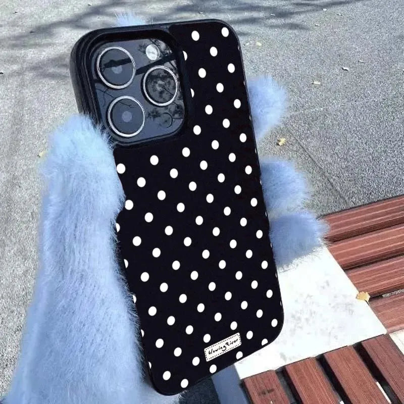 Luxury Korean White Polka-Dot Label Phone Case For iPhone 16 15 14 13 12 11 Pro Max XS XR X 7 8 Plus 16E Shockproof Soft Cover