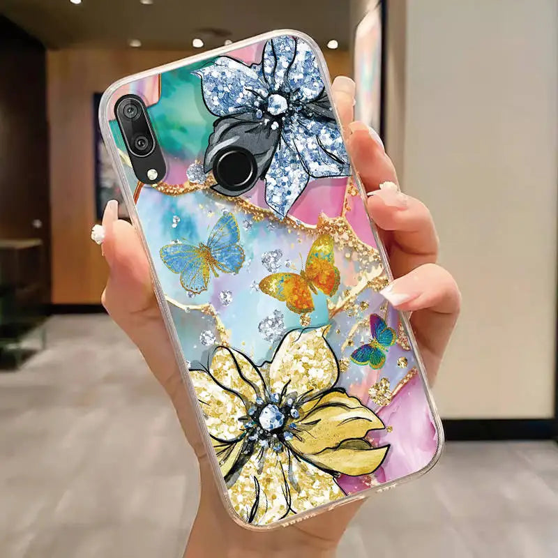 For Huawei Y7 Prime 2019 Y7 Pro 2019 P Smart Z Honor 9X Case Phone Cover Oil Butterfly Flower Heart Clear Bags Fundas Silicone