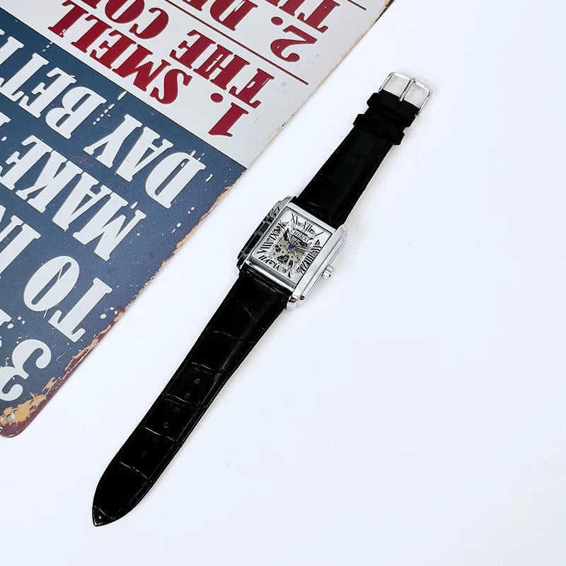 Square Skeleton Mechanical Watches for Man Luxury Business Casual Man Automatic Watch Leather Strap Gift Hand Clock for Men