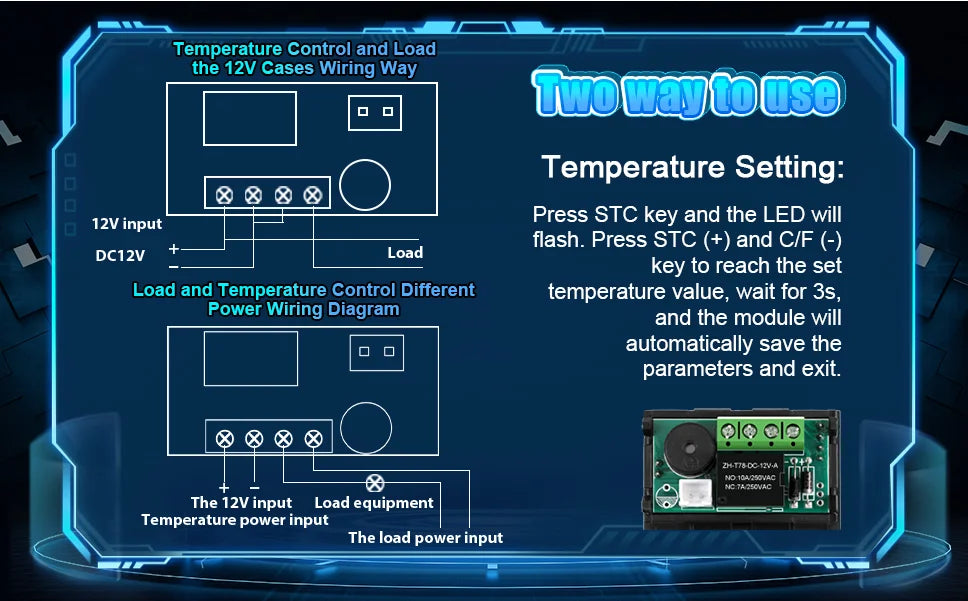 2 Pcs 12V fan thermostat, temperature controller, digital display intelligence, switch, microcomputer digital thermostat, small