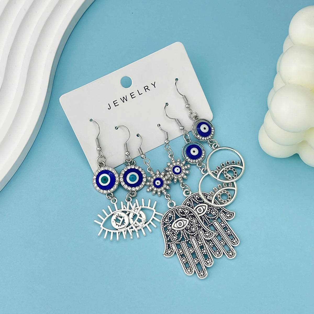 3 Pair Bohemian Vintage Silvery Color Hand Of Hamsa Devil's Eye Design Dangle Earrings Retro Ethnic Style Jewelry Accessories