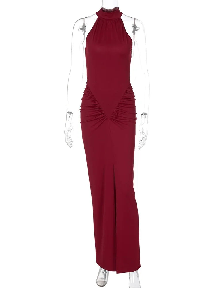 Mozision Halter Ruched Sleeveless Sexy Maxi Dress Women Gown Fashion Slim High Waist Evening Club Party Split Long Dress