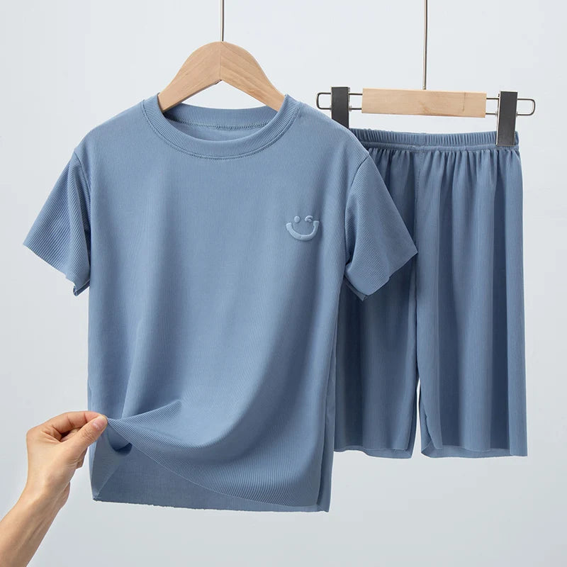 2/4 Pieces Children's Summer Thin Short-sleeved Shorts Ice Silk Suit Boys and Girls Casual Joker Home Clothes 2-piece Suit.