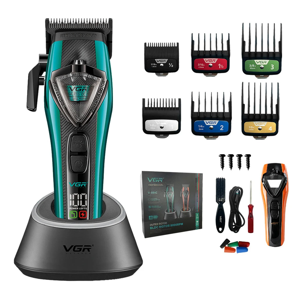 VGR Hair Clippers Adjustable Hair Trimmer External Rotor Motor Cordless Haircut Machine Digital Display Clipper for Men V-884