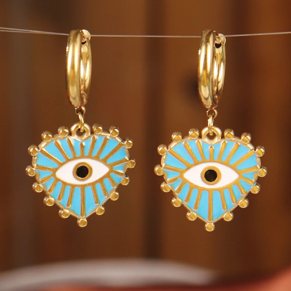 Vintage 316L Stainless Steel Turkish Evil Eye Hoops Earrings Huggie Drop Heart Pendant Earrings For Women Daily Jewelry Gifts