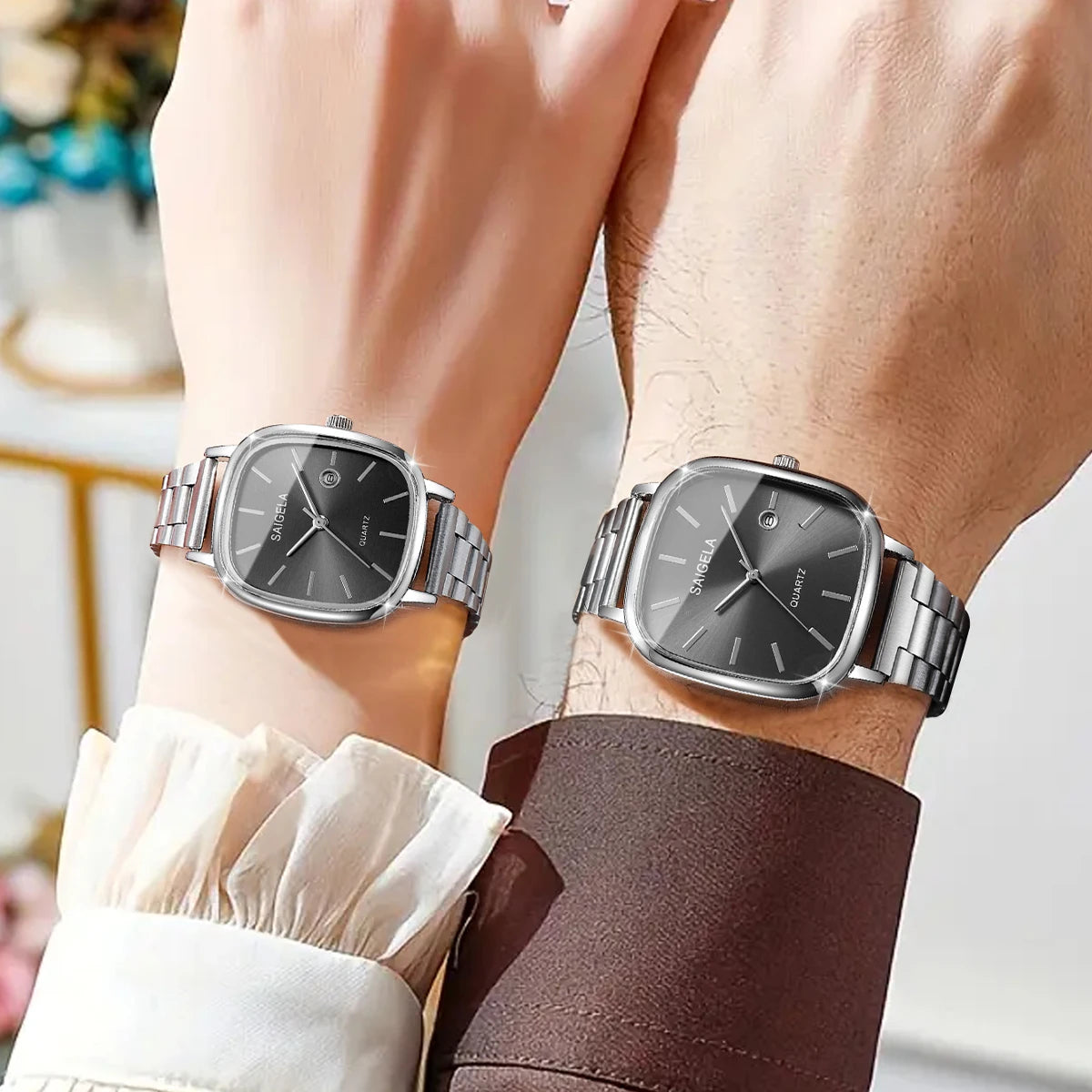 2PCS Fashion Square Dial Couple's Watches Set Simple Calendar Men Wristwatches Women Quartz Watch Relojs (Without Box)