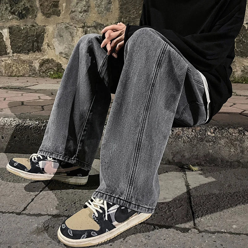 Korean Fashion Men's Baggy Jeans Elastic Waist  Classic olid Color Straight-leg Denim Wide-leg Pants Male Light Blue Grey Black