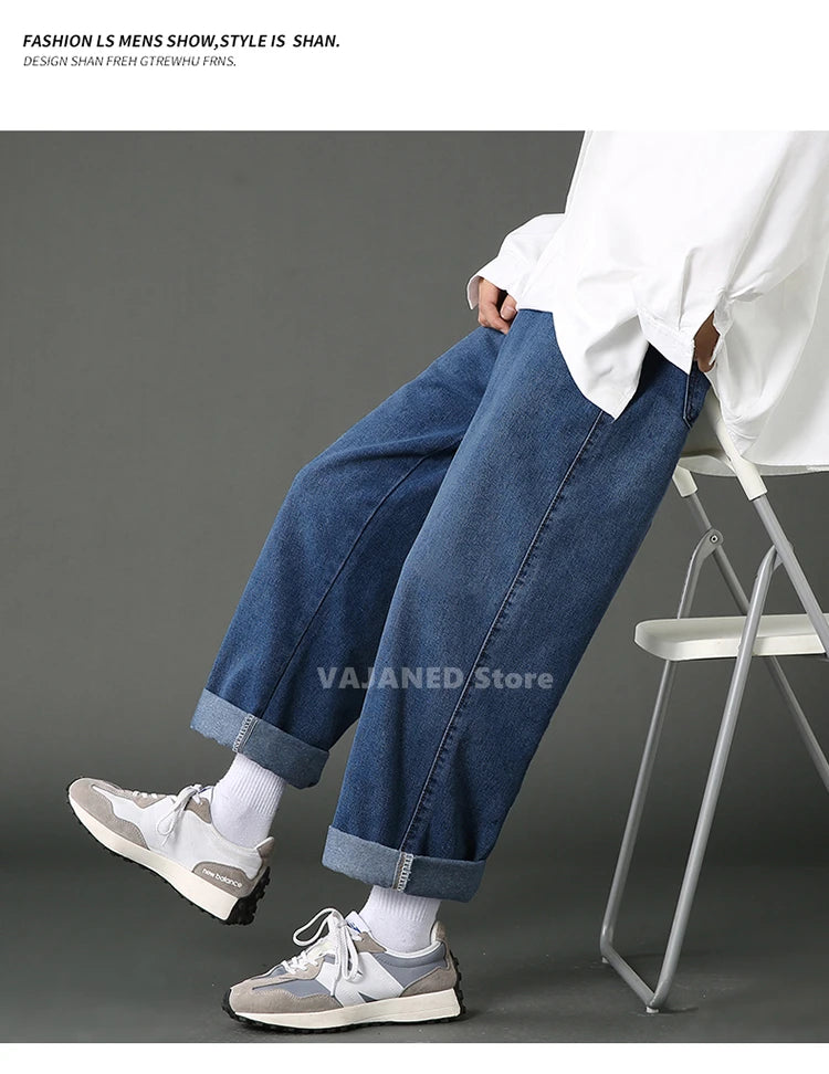New Street Casual Baggy Jeans Men's Korean Fashion Hip Hop Straight Wide Leg  Trousers Couple Denim Pants Black Light Blue