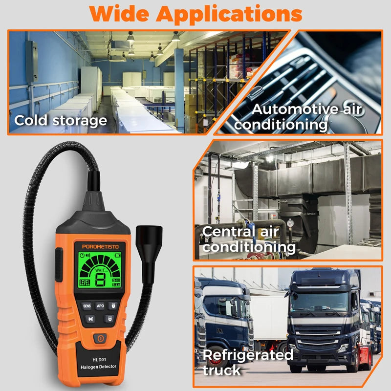 HLD01 Halogen Gas Leak Detector Rechargeable Level/Audio/Visual Alarms LED Light R134a R22 R12 High Sensitivity Gas Sensor Test