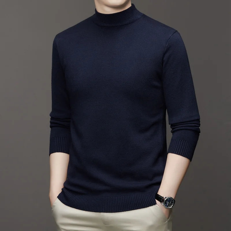 New Sweatwear Men's Half Neck Basic Solid Color Sweaters Round Neck Elastic Pullovers Warm Autumn Knitted Oversized Sweater Men