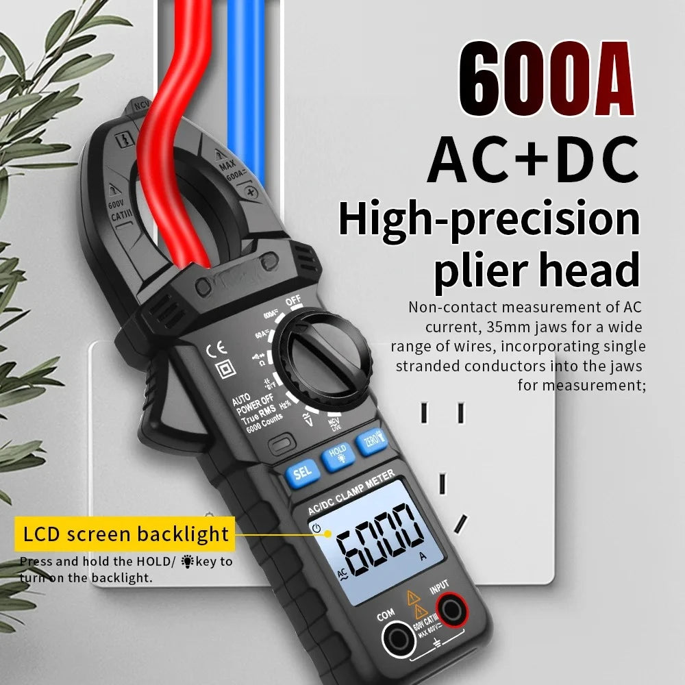 Clamp Meter Digital Multimeter 6000 Counts AC/DC Voltage Current NCV Resistance Capacitance Electrician Test Tool
