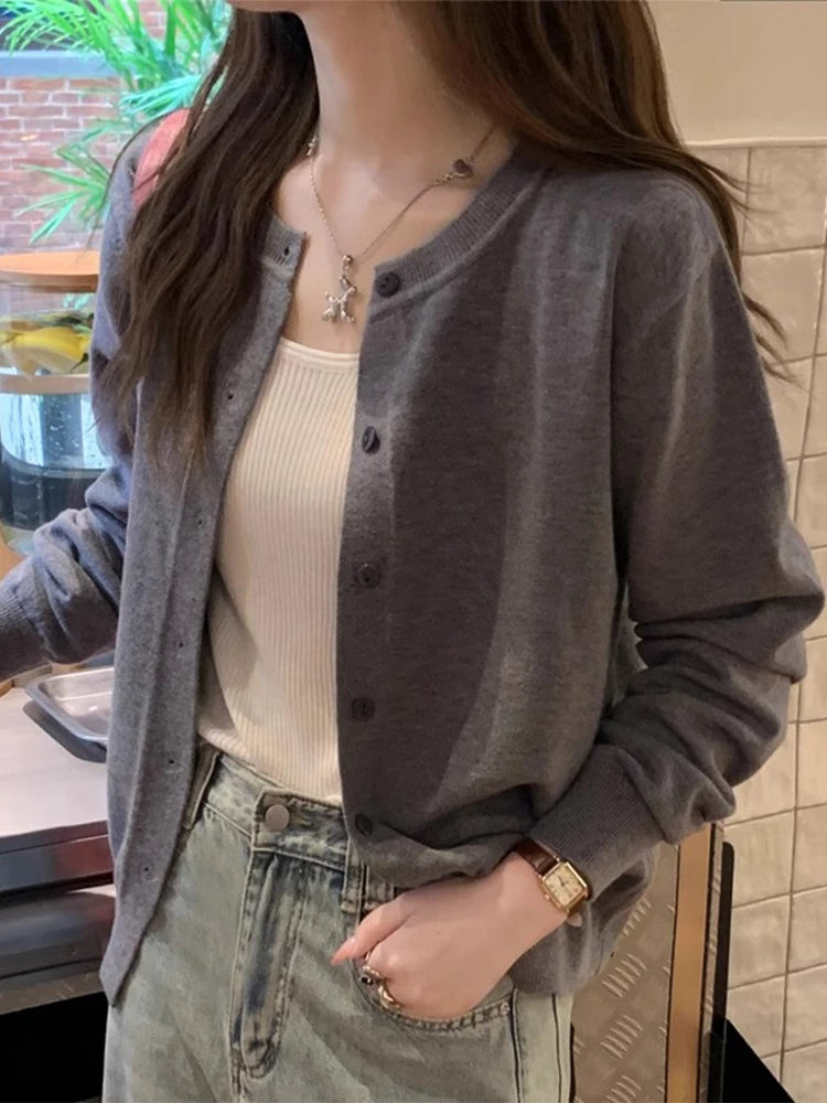 2026 Women Cardigans Sweater Casual Warm Spring Summer O-neck Long Sleeve Single Breasted Slim Fashion Korean Knitwears Tops