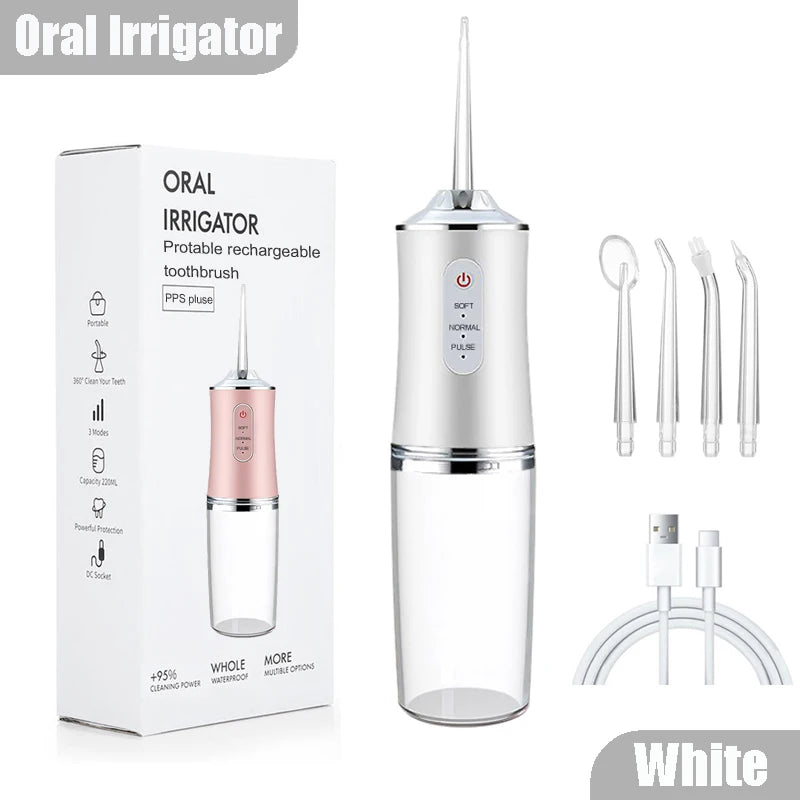 2026 Oral Irrigator Portable Dental Water Flosser USB Rechargeable Water Jet Floss Tooth Pick 4 Jet Tip 220ml 3 Modes