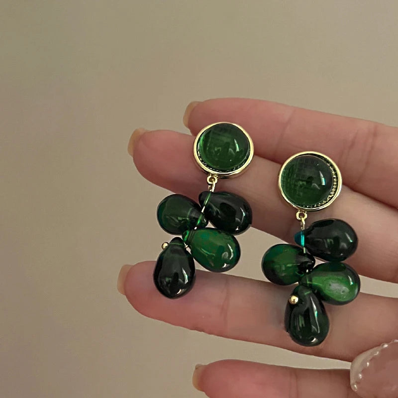 Green Water Droplet Bead Earrings Women Simple Glass Bead Tassel Vintage Unique Classical Earrings Women Jewelry Gifts