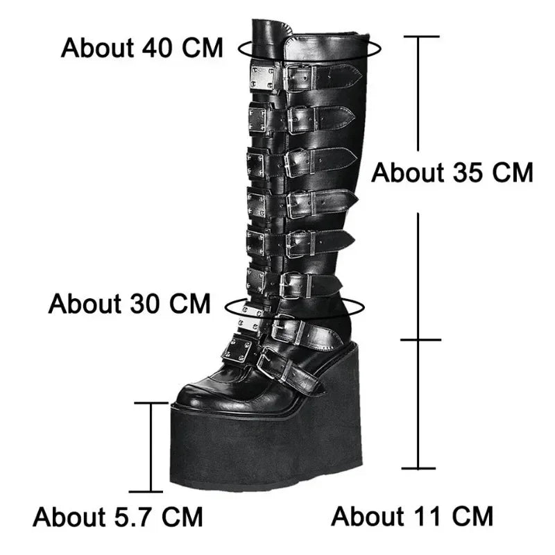 Women Boots Cosplay Ladies High Heel Platform Wedges Women High Boots Gothic Buckle Strap Long Tube Leather Female Boots Plus Si