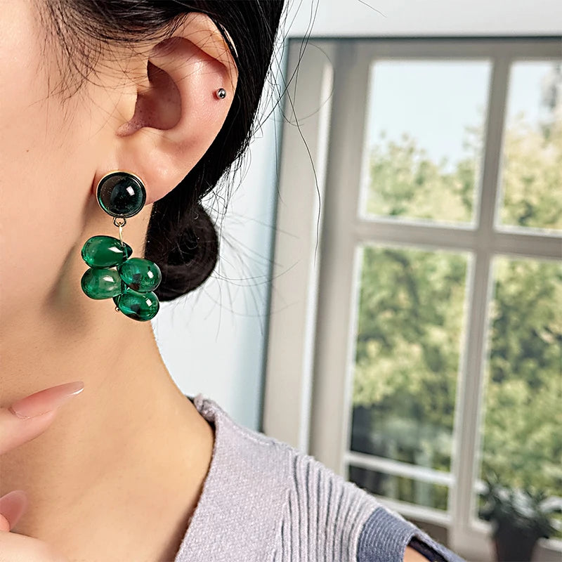 Green Water Droplet Bead Earrings Women Simple Glass Bead Tassel Vintage Unique Classical Earrings Women Jewelry Gifts