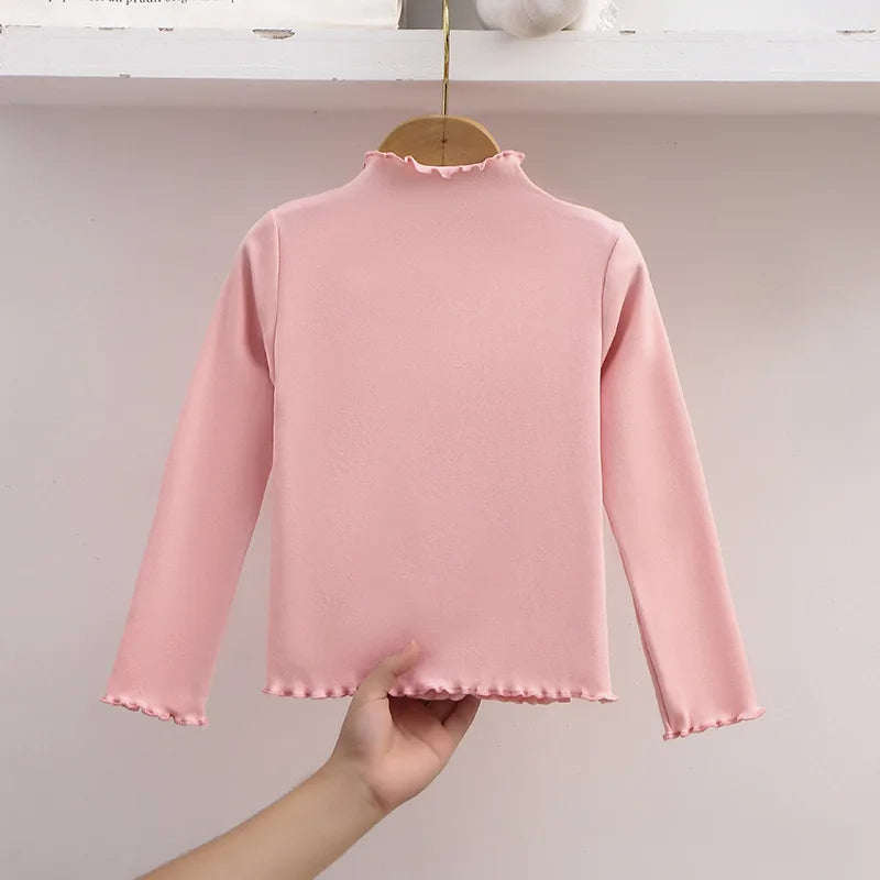 Autumn Kids Long Sleeve T-Shirt Ruffle Trim Solid Color Top For 1-8Y Girls Casual Soft Warm Children Clothing