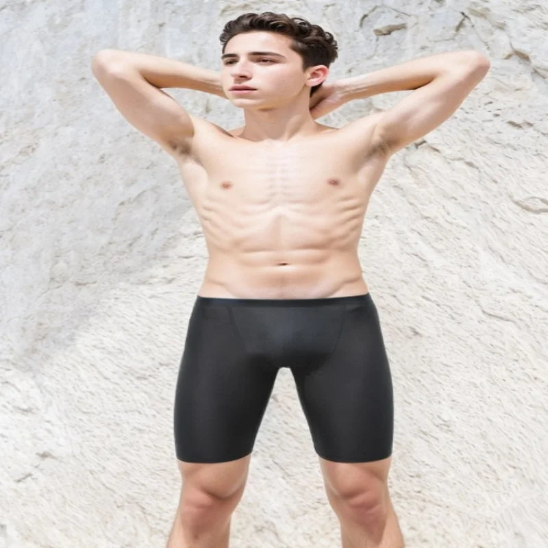 Men Boxers Shorts Silicone PU One-piece U Convex Pouch Pants Soft Elastic Panties Tight Low Waist Safety Trunks Short Waterproof
