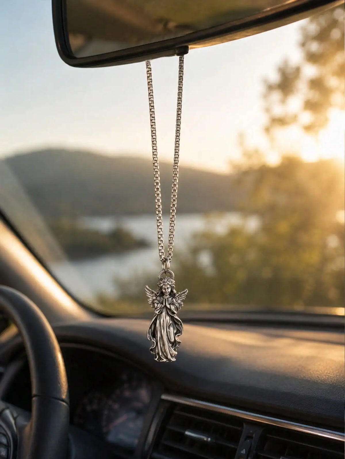 Angel Pendant Car Rearview Mirror Hanging Ornament, Silver-Tone Religious Guardian Angel Charm with Chain, Universal Fit for Aut