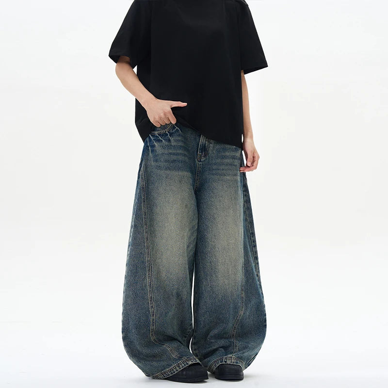 2025 Spring New Men's Jeans Oversized Wide Leg Pants Loose Vintage Patchwork Lightning Cracked Denim Trousers Streetwear Male