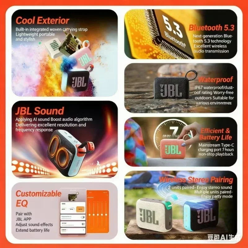 Coluna Mini Bluetooth Sem Fios JBL GO 4 Som Portátil à Prova de Água para Exterior e Casa com Subwoofer
