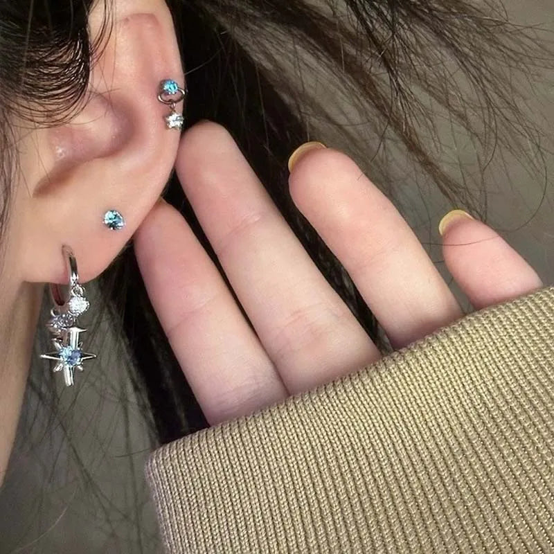 New Y2K Blue Zircon Star Tassel Pendant Earrings For Women Men Silver Color Ear Buckle Jewelry Gift Accessories Wholesale Sales