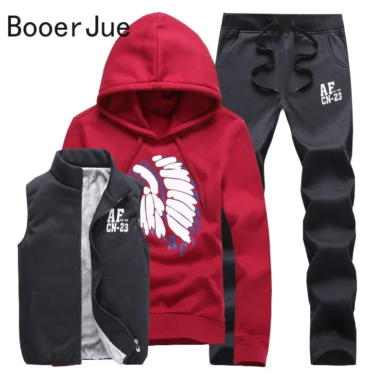 3 Pieces Set Hoodies+Vest+Pants Casual Men's Track Suit Clothing Coats Winter Thick Warm Tracksuit for Men Printed Mens Set Vest