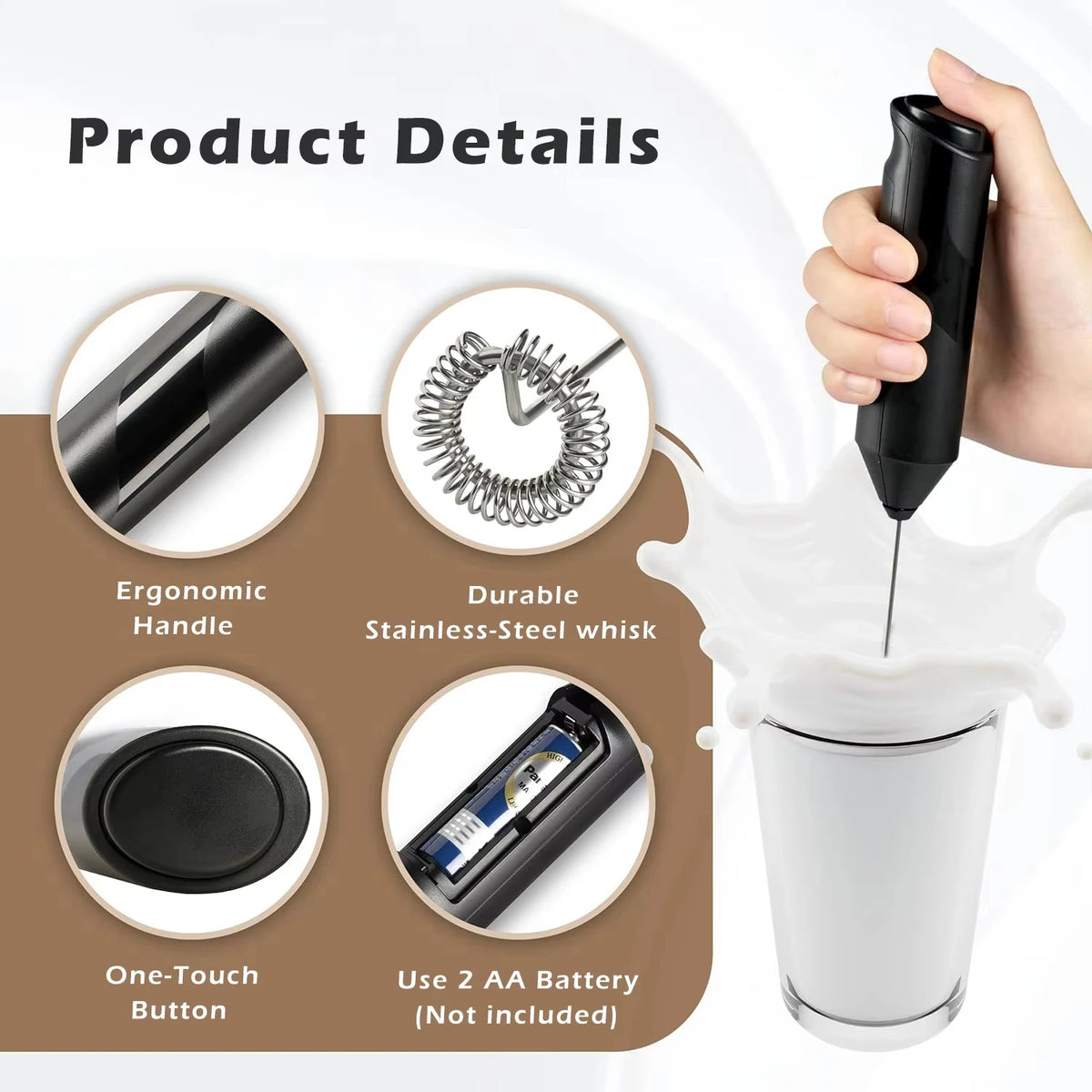 Hand-Held Electric Milk Foam Maker Coffee Mixer Kitchen Strong Egg Beater Mixer Battery AA Powered