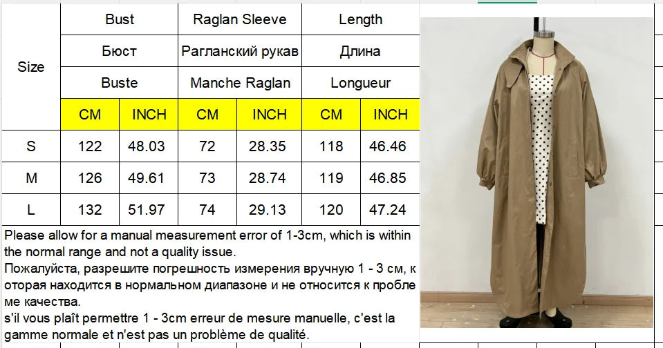 Women's Autumn Long Trench Coat Stand Collar Button Batwing Sleeves Side Slit Oversized Jacket Chic High Street Windproof Outfit