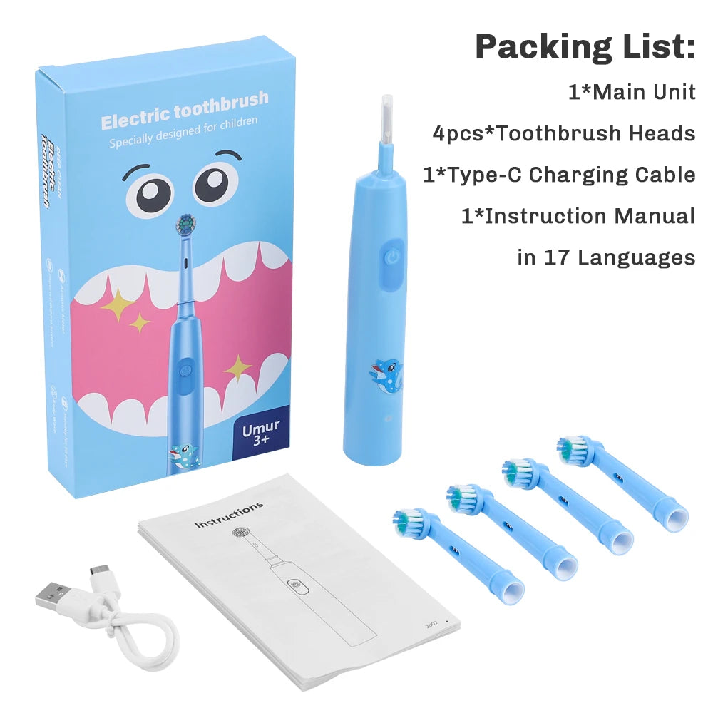 Smart Electric CleaningToothbrush For Children 4Pcs Brush Heads Round Rotating  3 Cleaning Modes Soft Bristles Teeth Brush