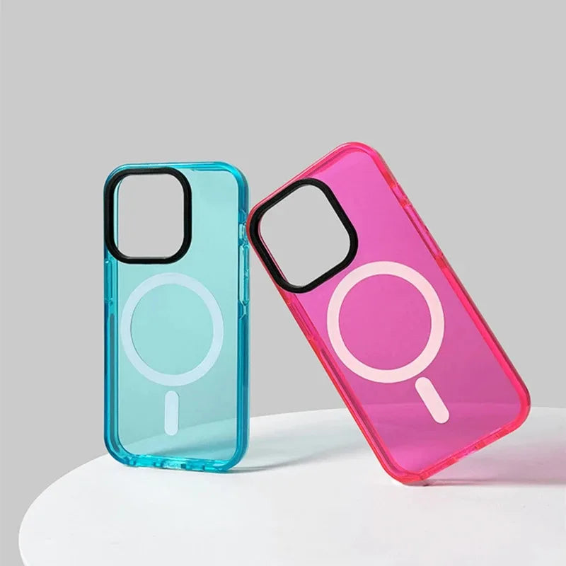 Neon Color Clear Crystal Magnetic Phone Case For Iphone 17 16 15pro 15 14 13max 12 Wireless Charging Soft Silicone Bumper Cover