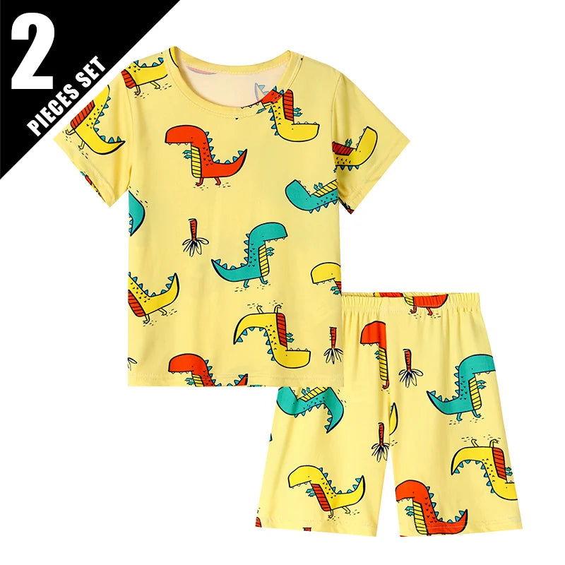 2-pcs Children's Summer Fashion Print Home Clothes Suit Boy Comfortable Joker Dinosaur Short-sleeved Girl Sweet Pink Shorts Suit