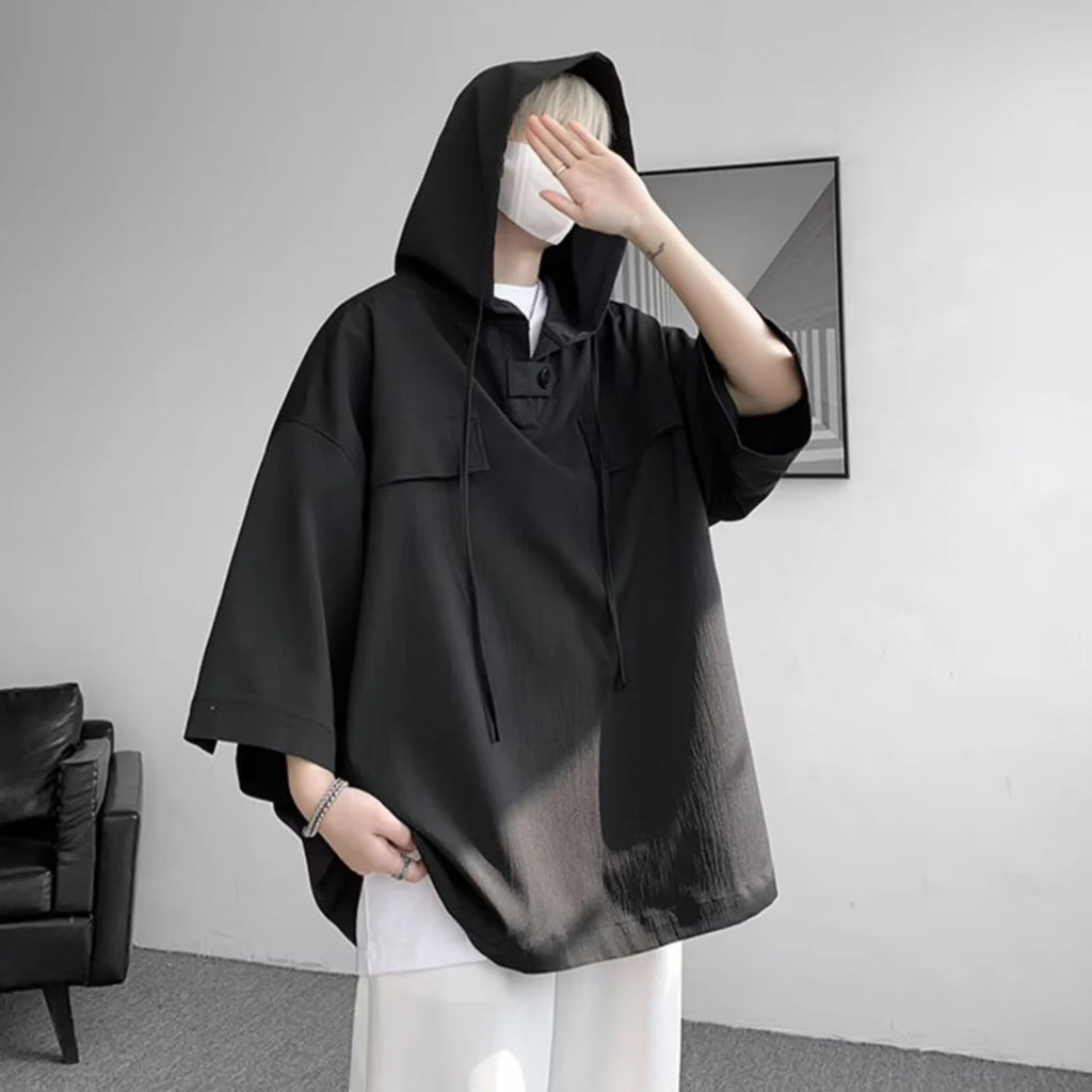 Summer Hooded T shirt Men Korean Half Sleeve Pullover Streetwear Loose T-shirt Tops Drawstring Men Clothing