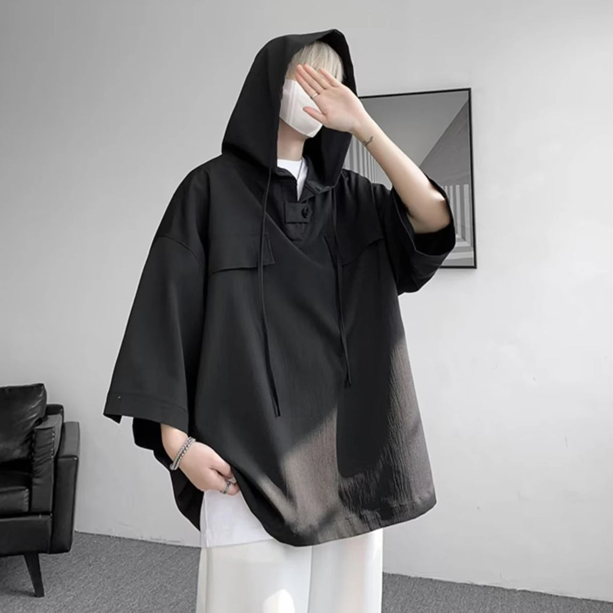 Summer Hooded T shirt Men Korean Half Sleeve Pullover Streetwear Loose T-shirt Tops Drawstring Men Clothing