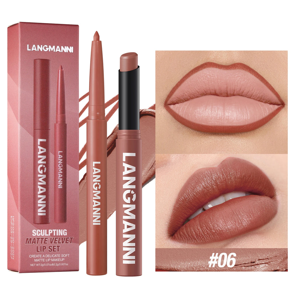 Conjunto de batom e delineador de lábios integrado, à prova de água, sem manchas, não desbota, não transfere, de longa duração, fácil de criar uma maquilhagem perfeita!