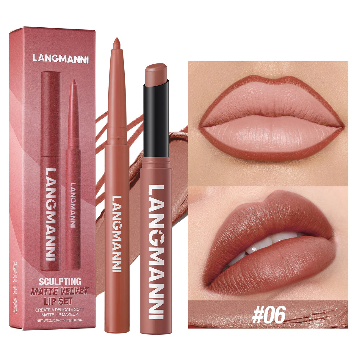 Conjunto de batom e delineador de lábios integrado, à prova de água, sem manchas, não desbota, não transfere, de longa duração, fácil de criar uma maquilhagem perfeita!