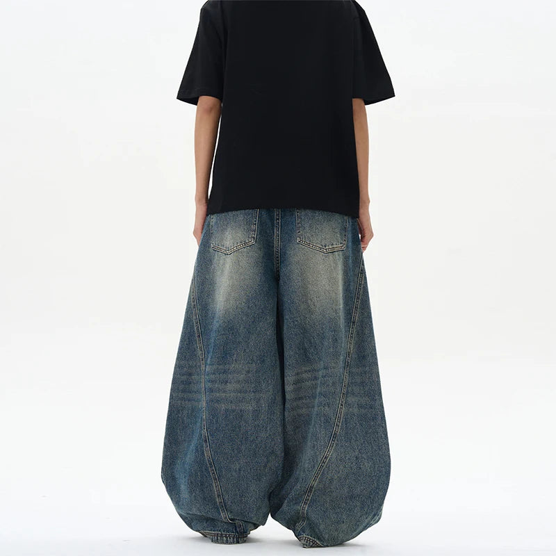 2025 Spring New Men's Jeans Oversized Wide Leg Pants Loose Vintage Patchwork Lightning Cracked Denim Trousers Streetwear Male