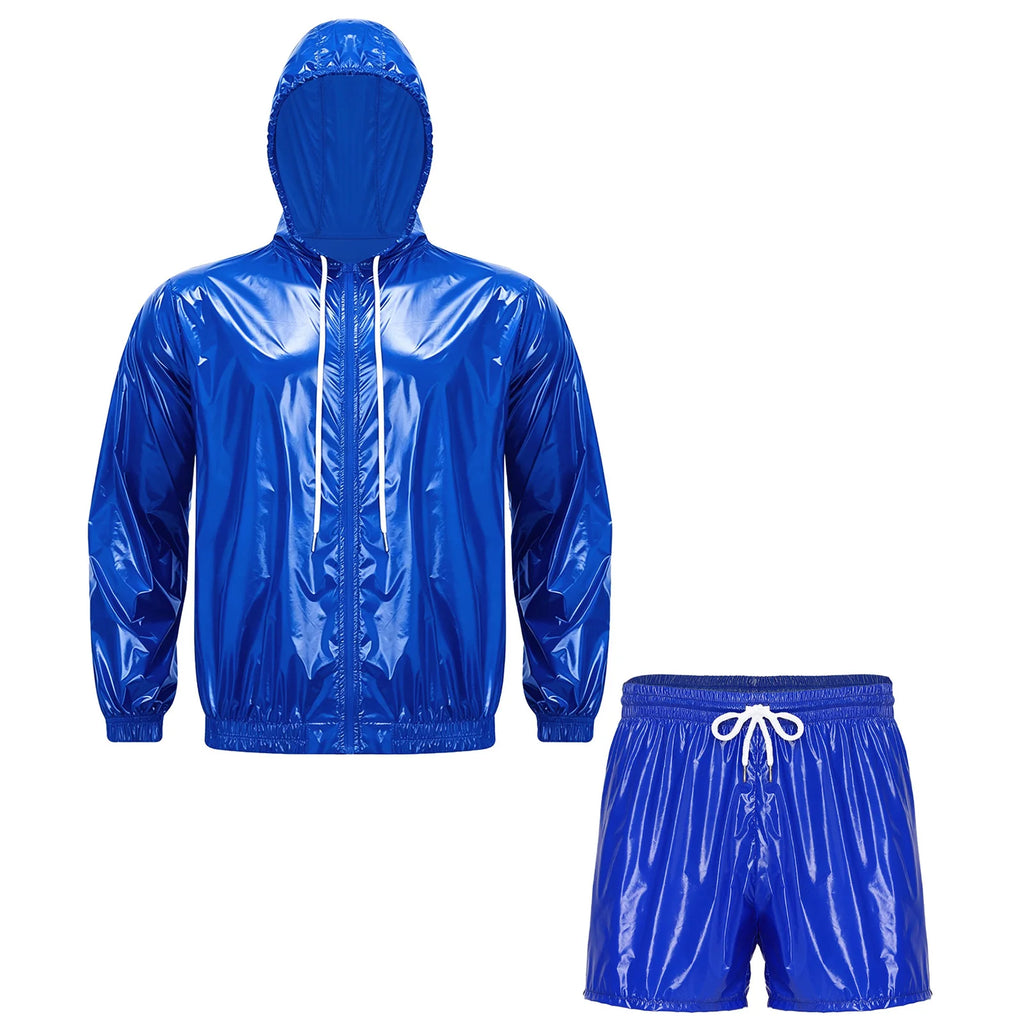 Mens 2 Pcs Waterproof Tracksuit Long Sleeve Front Zipper Hooded Jacket with Drawstring Elastic Waistband Shorts Gyms Sportwear