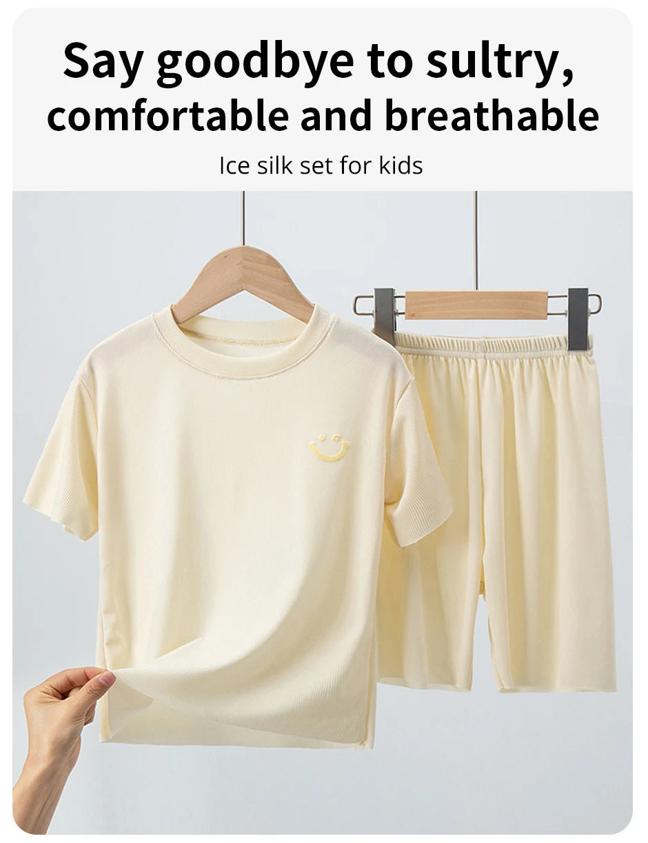2/4 Pieces Children's Summer Thin Short-sleeved Shorts Ice Silk Suit Boys and Girls Casual Joker Home Clothes 2-piece Suit.
