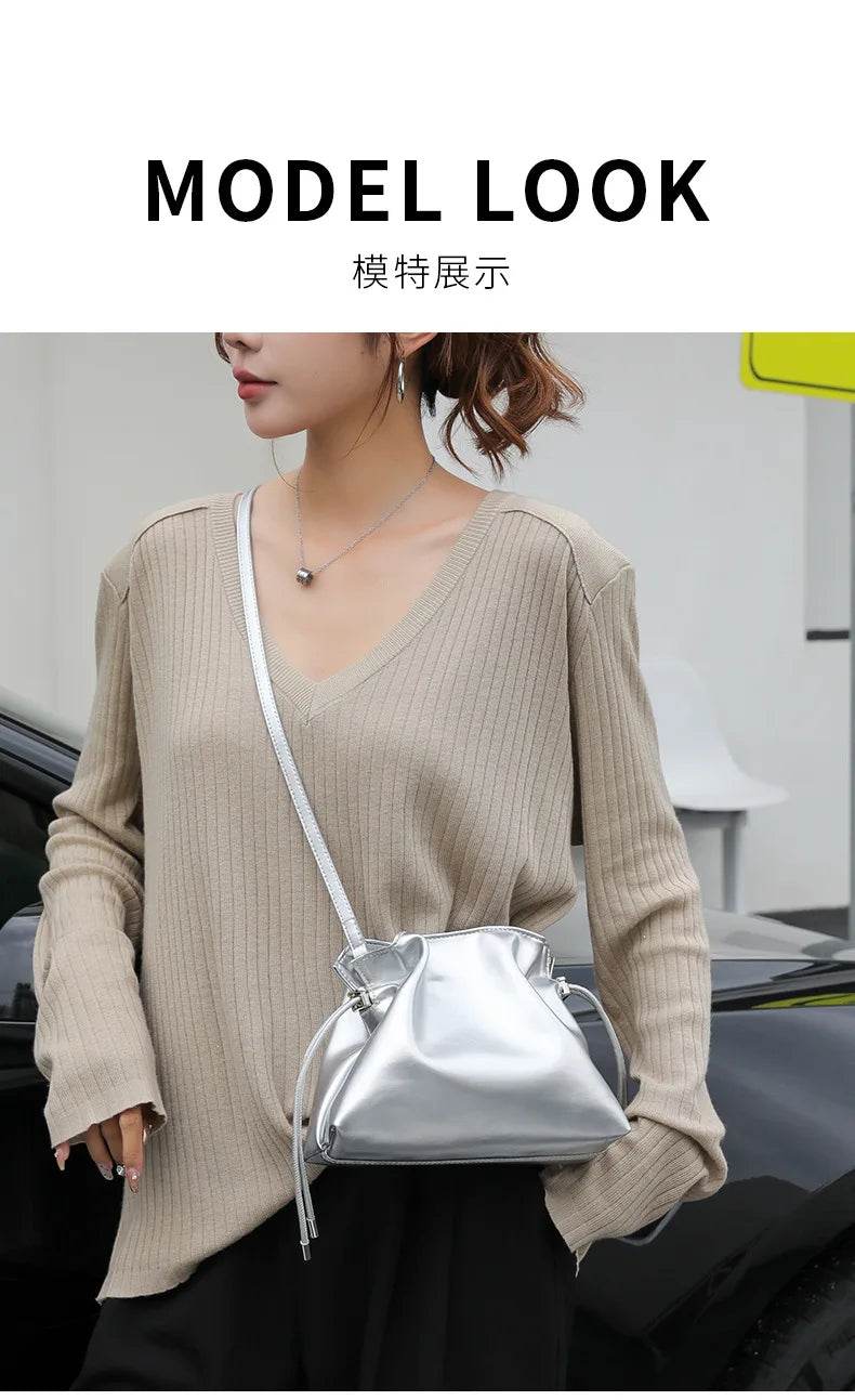 Luxury Pleated Cloud Crossbody Bag - Premium Genuine Leather Drawstring Shoulder Purse, Versatile Small Bag for Elegant Lady