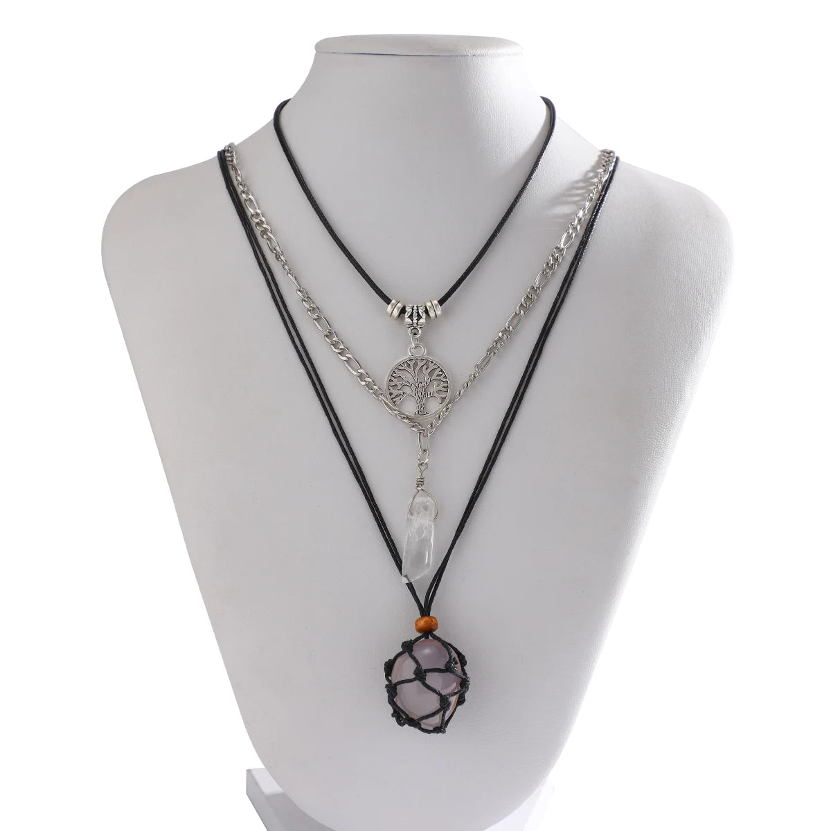 PuRui Vintage Natural Stone Beads Pendent Necklace for Women Crystal Charm Multilayer Rope Choker Neck Chain Jewelry Party Girls