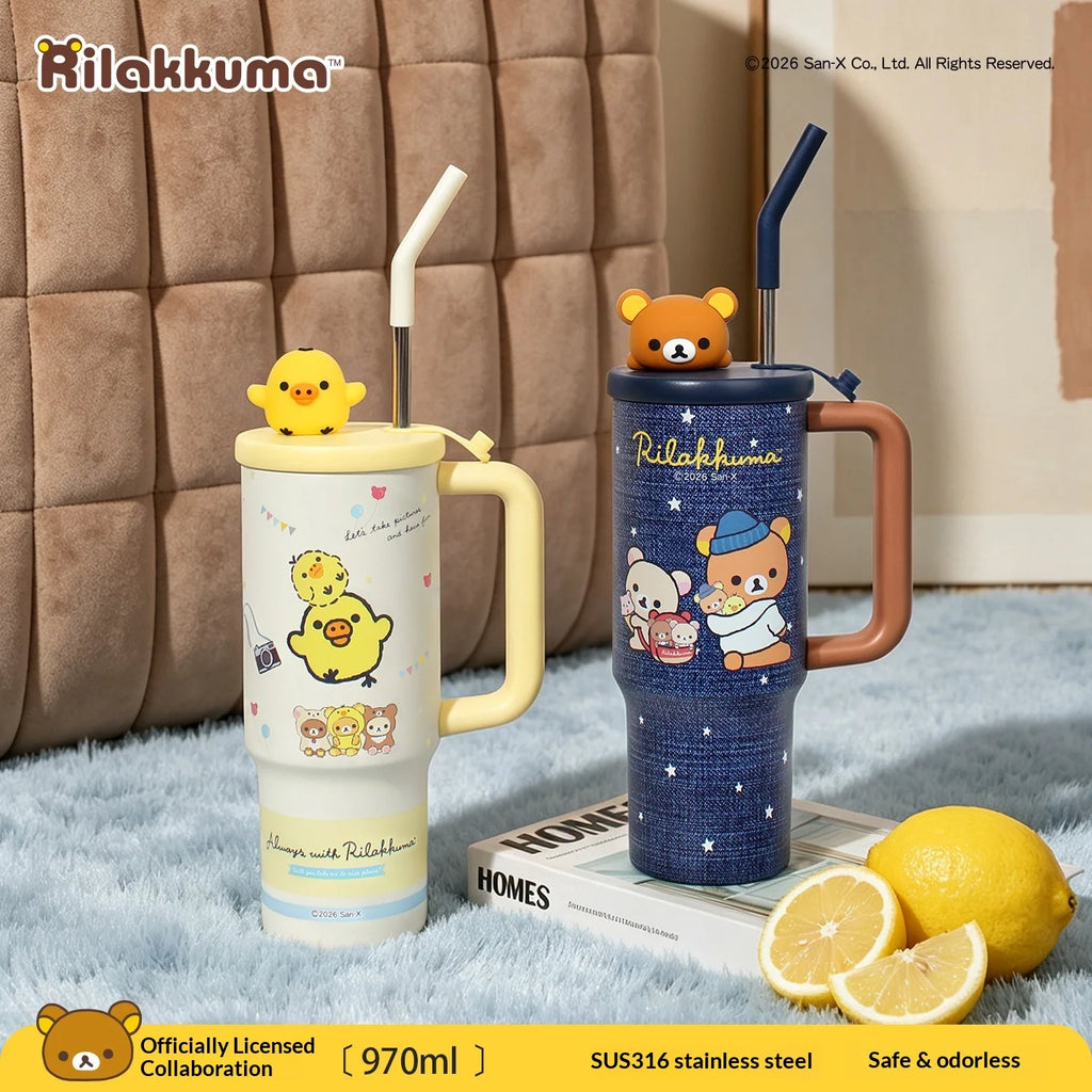 Rilakkuma Stainless Steel Tumbler Large Capacity Insulated Water Cup With Straw Cartoon Portable Travel Drinking Mug