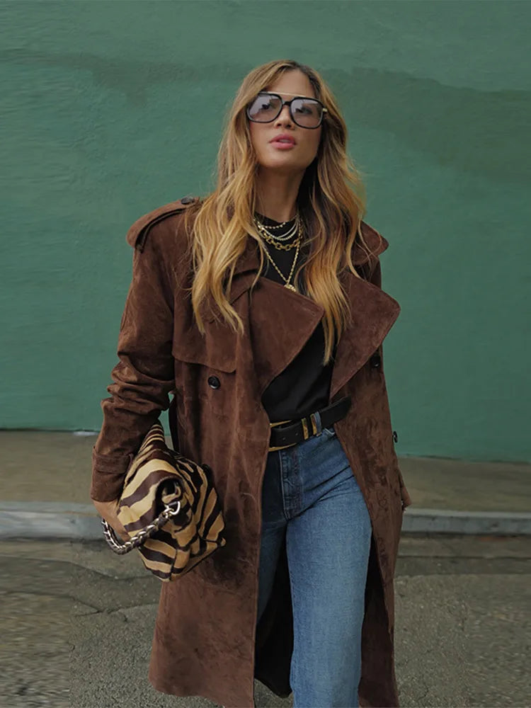 Women's Vintage Brown Suede Trench Coat Long Belted Overcoat Retro Windbreaker Fashion Female Date Commuter Streetwear Outerwear