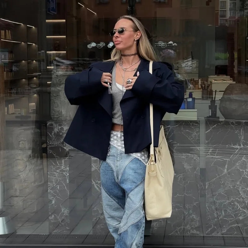 Solid Belted Waist Short Trench Coat Women Chic Wide Lapel Epaulet Detail Loose Long Sleeve Coats Fall Daily Commuter Outerwear