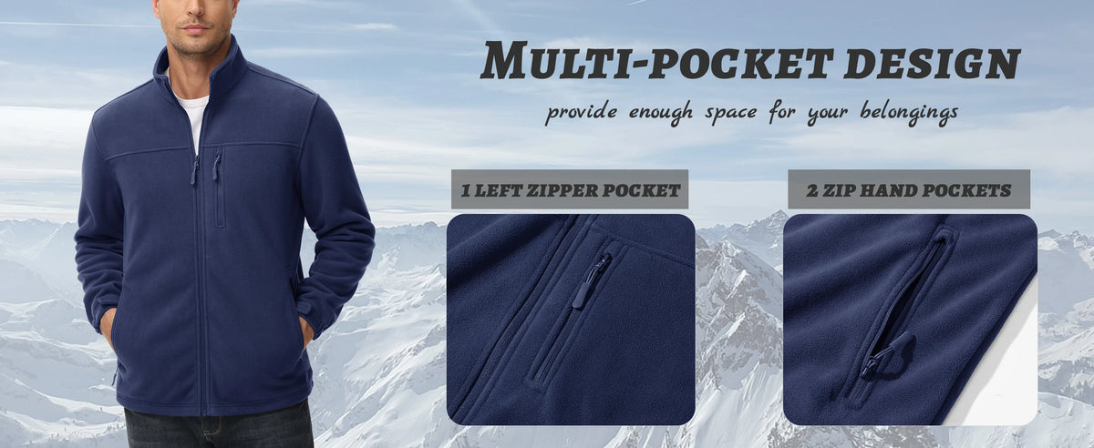TACVASEN Men's Thermal Warm Fleece Jacket Stand Collar Full Zip Windbreaker Multiple-pockets Outerwear Working Hiking Coat