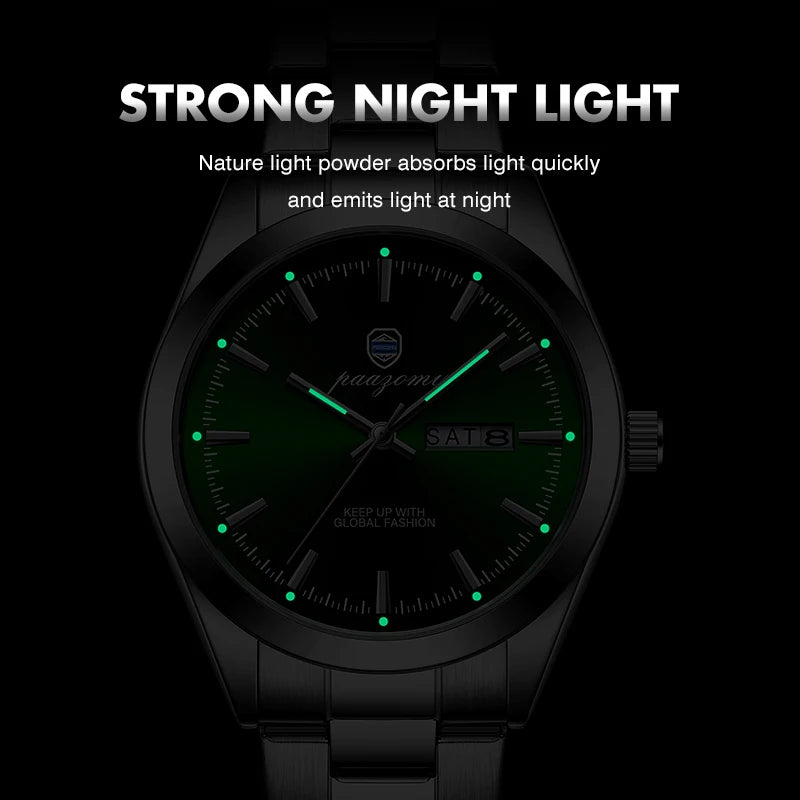 PAAZOMU Fashion Men's Quartz Watch Luminous Hands Date Week Stainless Steel Strap Waterproof Casual Wristwatch Quartz Men Watch