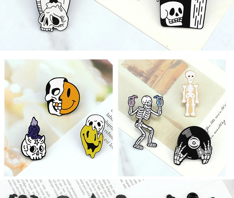 More Styles Halloween Day Punk Skeleton Enamel Pin Women Men Rose Flower Skull Brooches Metal Jean Coat Lapel Pin Badge Jewelry